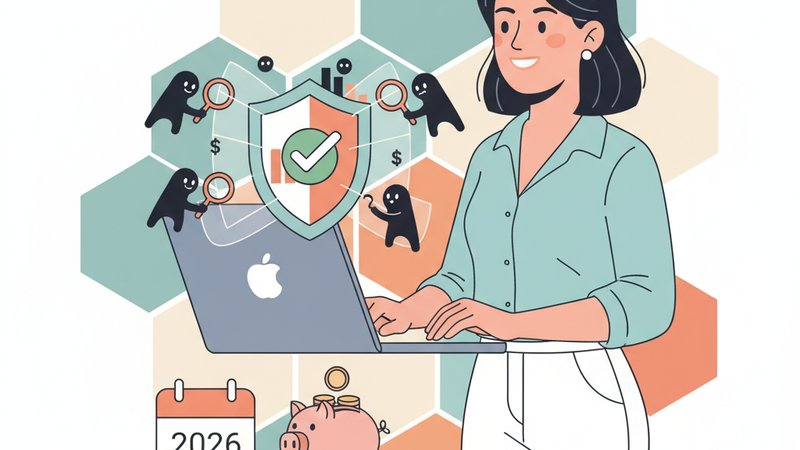 Современная иллюстрация о безопасных онлайн-опросах для заработка домохозяйками в 2026 году.