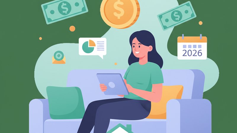 Современная иллюстрация, изображающая онлайн-опросы как источник дохода для домохозяек в 2026 году.