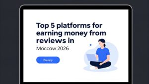 Современная иллюстрация с ноутбуком и иконками отзывов для статьи о заработке на рецензиях
